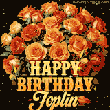 Animated bouquet of orange roses with moving butterfles and golden 'Happy Birthday Joplin' text, surrounded by sparkling accents and a dark backdrop for a luxurious feel.