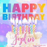 A vibrant animated name GIF with the words 'Happy Birthday Joplin' with colorful candles on a creamy cake. The background sparkles with pastel shades, adding a festive touch.