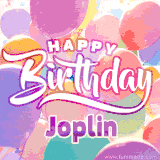 A vibrant name GIF featuring colorful balloons in shades of pink, orange, and yellow with the bold text 'Happy Birthday Joplin' in festive fonts, creating a lively birthday vibe.