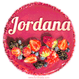 Beautifully decorated red velvet berry birthday cake with vibrant fruits and a glowing 'Jordana' name, adding a touch of sweetness and sparkle.