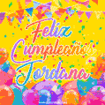 A bright and festive GIF with the text 'Feliz Cumpleaños Jordana' in Spanish in colorful fonts, surrounded by confetti, balloons, and festive banners on a vibrant yellow background.