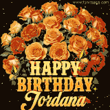Animated bouquet of orange roses with moving butterfles and golden 'Happy Birthday Jordana' text, surrounded by sparkling accents and a dark backdrop for a luxurious feel.