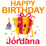 A vibrant and funny gift box character with a happy face dancing with a cupcake and the text 'Happy Birthday Jordana,' surrounded by animated confetti and party vibes.