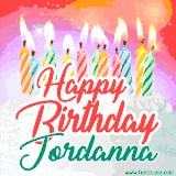 Bright birthday candles with rainbow flames on a cake, alongside the text 'Happy Birthday Jordanna' in vibrant script in this celebratory animated GIF.