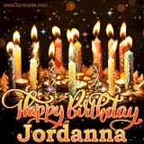 A glowing personalized birthday GIF with name Jordanna featuring lit candles with intricate designs, warm lighting, and the text 'Happy Birthday' in an elegant font.