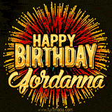 Golden 'Happy Birthday Jordanna' text accompanied by animated rainbow fireworks for a festive animated greeting.