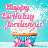 A festive cupcake with pink icing, a gingham bow, and a lit animated sparkler, paired with 'Happy Birthday Jordanna!' in bright pink text.