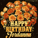 Animated bouquet of orange roses with moving butterfles and golden 'Happy Birthday Jordanna' text, surrounded by sparkling accents and a dark backdrop for a luxurious feel.