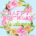 A charming animated GIF featuring 'Happy Birthday Jordanna' in pink and green text, surrounded by delicate roses, leaves, and fluttering butterflies on a soft light blue pastel background.