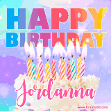 A vibrant animated name GIF with the words 'Happy Birthday Jordanna' with colorful candles on a creamy cake. The background sparkles with pastel shades, adding a festive touch.