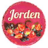 Beautifully decorated red velvet berry birthday cake with vibrant fruits and a glowing 'Jorden' name, adding a touch of sweetness and sparkle.