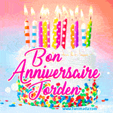 A white birthday cake covered in colorful sprinkles, topped with bright candles, and French text 'Bon Anniversaire Jorden' on a pastel gradient background in an animated GIF.