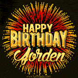 Golden 'Happy Birthday Jorden' text accompanied by animated rainbow fireworks for a festive animated greeting.