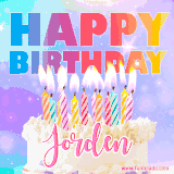 A vibrant animated name GIF with the words 'Happy Birthday Jorden' with colorful candles on a creamy cake. The background sparkles with pastel shades, adding a festive touch.