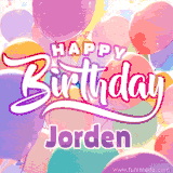 A vibrant name GIF featuring colorful balloons in shades of pink, orange, and yellow with the bold text 'Happy Birthday Jorden' in festive fonts, creating a lively birthday vibe.