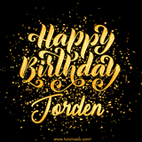 Animated GIF with colorful, festive 'Happy Birthday Jorden' text decorated with patterns, a party hat, and falling confetti. A vibrant and cheerful design for birthday celebrations.