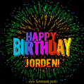 A colorful animated GIF featuring the text 'Happy Birthday Jorden!' in rainbow colors with a dynamic iridescent firework display in the background.