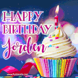 A festive animated GIF featuring a colorful cupcake with a single lit candle, sprinkles, and 'Happy Birthday Jorden' text against a sparkling, celebratory background.