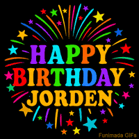 Vibrant animated GIF with 'Happy Birthday Jorden' in rainbow-colored text, surrounded by colorful stars and fireworks on a black background.