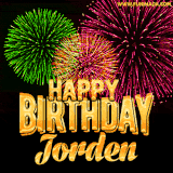 A captivating GIF with bursts of green, pink, and orange fireworks lighting up the night sky, accompanied by 'Happy Birthday Jorden' in glowing golden text.