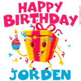 A funny animated birthday GIF with the words 'Happy Birthday Jordena', colorful gift box with arms and legs, holding a cupcake with a lit candle  with confetti everywhere.
