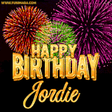 A golden 'Happy Birthday Jordie' message with vibrant fireworks in the background, creating a festive and celebratory vibe in this animated name GIF.