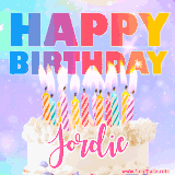 A vibrant animated name GIF with the words 'Happy Birthday Jordie' with colorful candles on a creamy cake. The background sparkles with pastel shades, adding a festive touch.