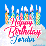 A cheerful animated GIF featuring colorful lit birthday candles on a white cake, with the text 'Happy Birthday Jordin' in bold red and blue script on a bright blue background.