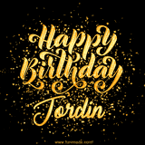 Animated GIF with colorful, festive 'Happy Birthday Jordin' text decorated with patterns, a party hat, and falling confetti. A vibrant and cheerful design for birthday celebrations.