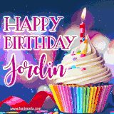 A festive animated GIF featuring a colorful cupcake with a single lit candle, sprinkles, and 'Happy Birthday Jordin' text against a sparkling, celebratory background.