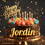 Shimmering birthday animation for Jordin featuring a delicious chocolate drip cake with glowing yellow candles.