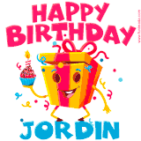 A funny animated birthday GIF with the words 'Happy Birthday Jordina', colorful gift box with arms and legs, holding a cupcake with a lit candle  with confetti everywhere.