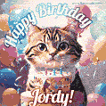 Happy birthday gif for Jordy with cat and cake