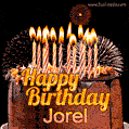 A rich chocolate cake topped with glowing birthday candles and surrounded by bright fireworks. The animated GIF displays the message 'Happy Birthday Jorel' in golden text.