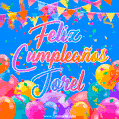 A vibrant animated GIF with 'Feliz Cumpleaños Jorel' written in colorful script, surrounded by balloons, confetti, and bunting on a bright blue background.