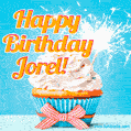 A cheerful animated GIF of a cupcake with creamy frosting, a red checkered ribbon, and a bright sparkler on top. The text 'Happy Birthday Jorel!' is displayed in vibrant orange and red.