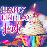 A festive animated GIF featuring a colorful cupcake with a single lit candle, sprinkles, and 'Happy Birthday Jorel' text against a sparkling, celebratory background.