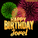 A captivating GIF with bursts of green, pink, and orange fireworks lighting up the night sky, accompanied by 'Happy Birthday Jorel' in glowing golden text.