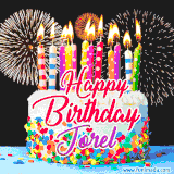 A lively happy birthday animated GIF showcasing a colorful birthday cake covered in sprinkles, topped with glowing candles, and surrounded by vibrant fireworks. The name 'Jorel' is featured in elegant script.