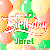 Animated GIF featuring colorful balloons in the background with the cheerful text 'Happy Birthday Jorel'.