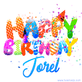 Animated GIF with colorful, festive 'Happy Birthday Jorel' text decorated with patterns, a party hat, and falling confetti. A vibrant and cheerful design for birthday celebrations.