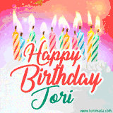 Bright birthday candles with rainbow flames on a cake, alongside the text 'Happy Birthday Jori' in vibrant script in this celebratory animated GIF.