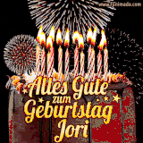 A chocolate birthday cake with glowing candles, the German text 'Alles Gute zum Geburtstag Jori,' and vibrant fireworks lighting up the background in an animated GIF.