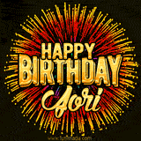 Golden 'Happy Birthday Jori' text accompanied by animated rainbow fireworks for a festive animated greeting.