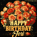 Animated bouquet of orange roses with moving butterfles and golden 'Happy Birthday Jori' text, surrounded by sparkling accents and a dark backdrop for a luxurious feel.