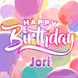 A vibrant name GIF featuring colorful balloons in shades of pink, orange, and yellow with the bold text 'Happy Birthday Jori' in festive fonts, creating a lively birthday vibe.