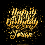 Animated GIF with colorful, festive 'Happy Birthday Jorian' text decorated with patterns, a party hat, and falling confetti. A vibrant and cheerful design for birthday celebrations.