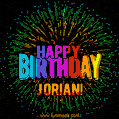 A colorful animated GIF featuring the text 'Happy Birthday Jorian!' in rainbow colors with a dynamic iridescent firework display in the background.