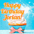 A cheerful animated GIF of a cupcake with creamy frosting, a red checkered ribbon, and a bright sparkler on top. The text 'Happy Birthday Jorian!' is displayed in vibrant orange and red.