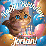 A playful tabby cat sits behind a colorful birthday cake surrounded by balloons and confetti, with 'Happy Birthday Jorian!' written above in festive letters.